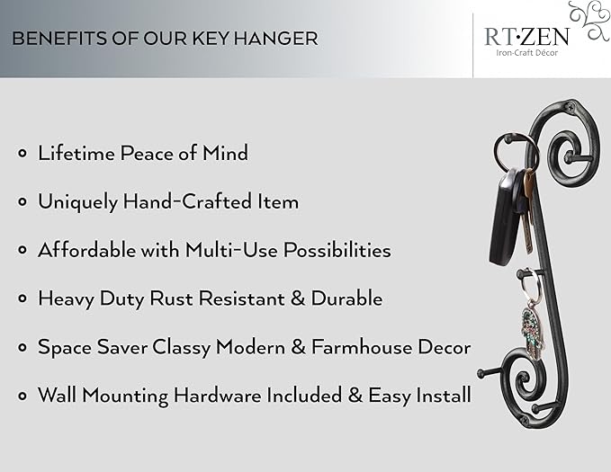 RTZEN Farmhouse Small Key Holder for Wall - Handcrafted Swirl Decorative 5 Key Hooks for Home Entryway - Wrought Iron Wall Mount Rack Purse Coat and Leash Holder or Organizer (Vertical Black)