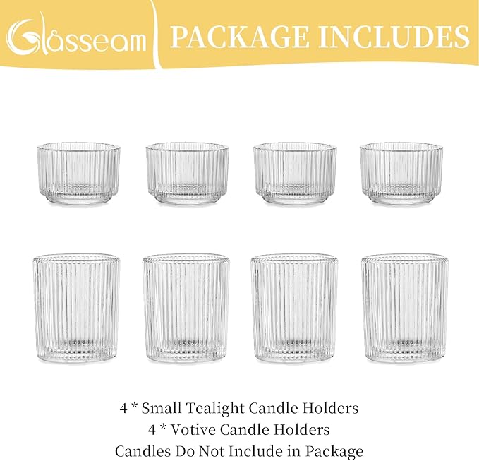 Glasseam Glass Tealight Candle Holder: Set of 8 Ribbed Clear Votive Candle Holders for Table Centerpiece, Decorative Small Vintage Tea Lights Candle Holder for Wedding Christmas Dining Room Decoration