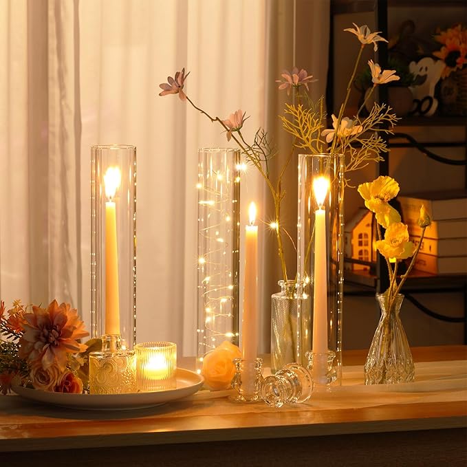 8 Set Christmas Glass Hurricane Candle Holders 12.6" Open Ended Glass Candleholder Tube Shape Bottomless and 2.2" Taper Clear Candlestick Holders for Wedding Party Table Centerpiece (Clear)