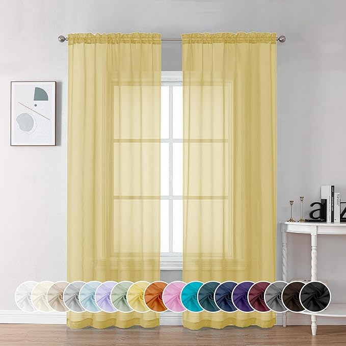 Chyhomenyc Yellow Sheer Curtains 72 Inch Length 2 Panels, Light Filtering Soft Airy Rod Pocket Voile Window Curtain Drapes for French Door Bedroom Living Room, Each 42Wx72L Inches