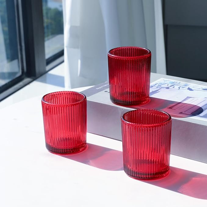 VOHO Red Candle Holders Set of 12, Ribbed Glass Votive Candle Holders Bulk for Holiday/Party Decorations, Tea Lights Candle Holder Wedding Centerpieces for Tables