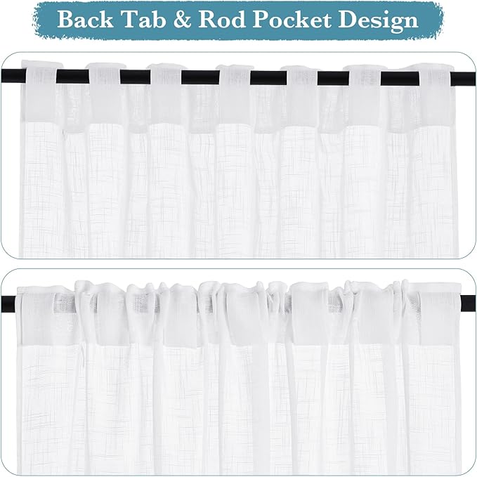 RYB HOME White Curtains for Bedroom - Linen Textured Semi Sheer Curtains Privacy for Bedroom Bathroom Kitchen Dining Office Window, 52 Wide x 45 inches Long, 2 Pcs