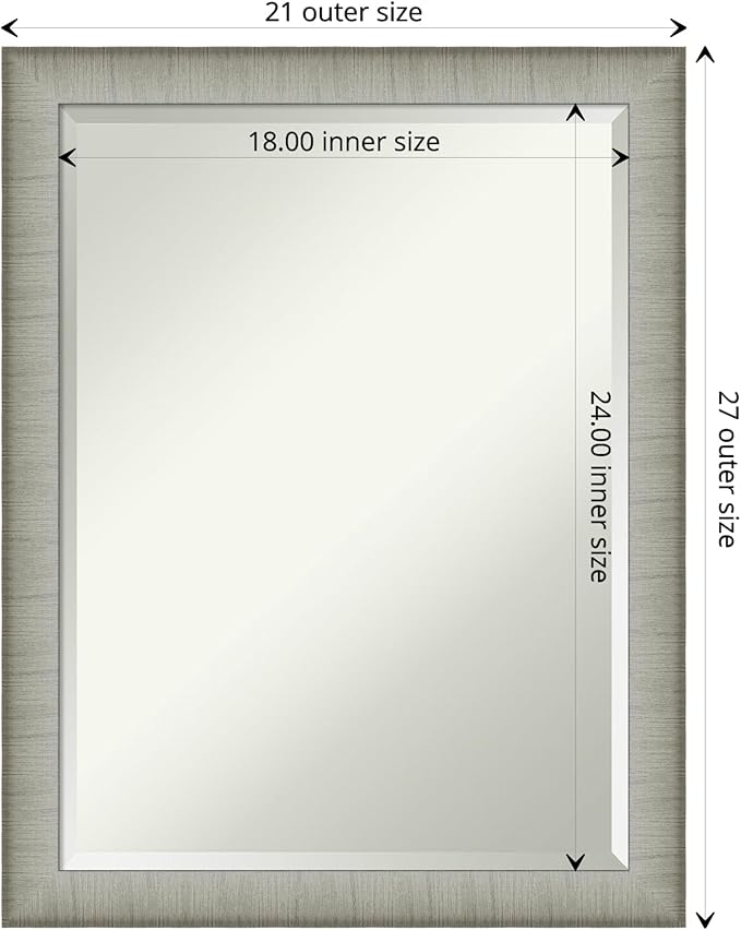Amanti Art Silver Bathroom Mirror for Over Sink, 27x21 Elegant Brushed Pewter Narrow Rectangle Vanity Mirror, Medium Casual Frame, Hangs Horizonally and Vertically, Bathroom Wall Decor, Beveled Edge