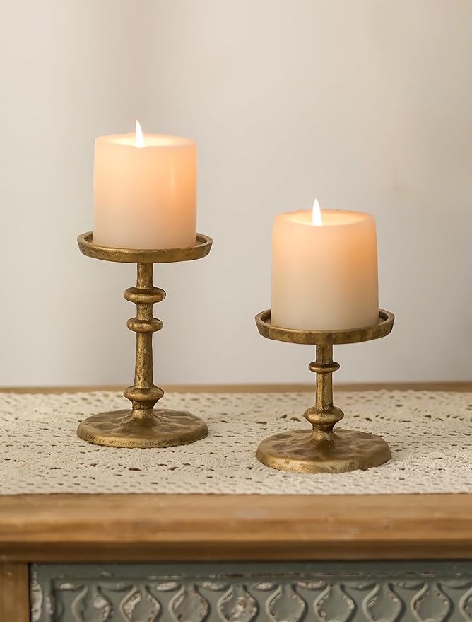 NUPTIO Gold Candle Holders for Pillar: Antique Brass Cast Iron Candleholder for 3 Inch Pillars -Heavy Metal Candle Stand for Christmas Party Table Decor