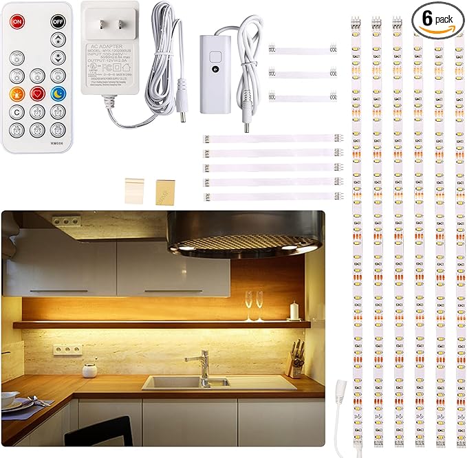 WOBANE Under Cabinet LED Lighting Kit, 6 PCS Dimmable LED Strip Lights with Remote Control Dimmer, 24W Adapter, Hidden 2700K Warm White Set, Bright 1500lm, Timing, Kitchen, Counter, Shelf, Showcase