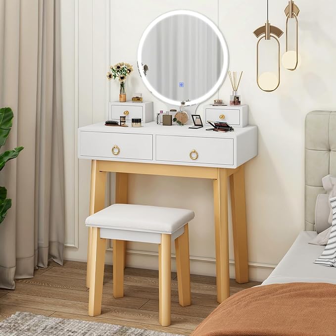 CHARMAID Vanity Desk with Mirror and Lights, White Makeup Vanity Desk with 4 Drawers, 3 Color Lighting Modes, Adjustable Brightness, Modern Dressing Table with Vanity Stool for Girls Small Bedroom