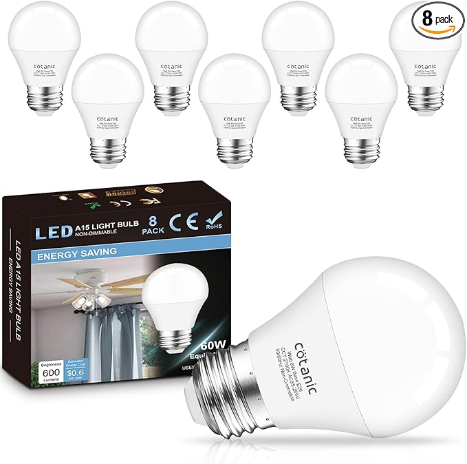 Cotanic 8 Pack LED Ceiling Fan Light Bulbs 2700K Warm White, A15 Small Bulb E26 Medium Screw Base, 6W Chandelier Light Bulb 60W Equivalent, 600lm, Non-Dimmable