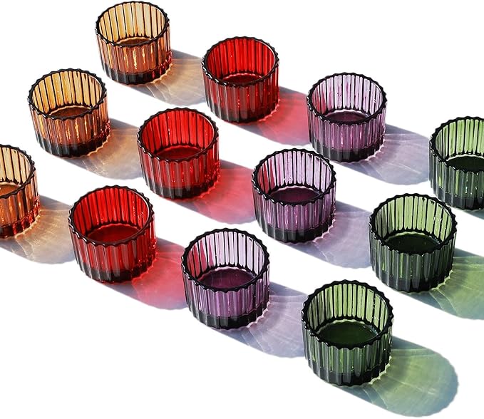 VOHO 24pcs Multicolor Votive Candle Holders for Centerpiece Table Decorations, Ribbed Glass Christmas Candle Holder Gifts for Women, Festive Tealight Candle Holder for Votive/Tea Lights Candles
