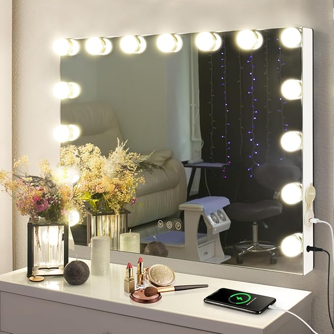 M MIVONDA Vanity Makeup Mirror with Lights: Hollywood Mirror with 15LED Bulbs - Large 23”x19” Desk Mirror for Wall, Dimmable 3 Lighting Modes, Plug-in and USB Charger Port, White
