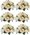 NUPTIO 6 Pieces Champagne White Fake Flower Ball Arrangement Bouquet 15 Heads Plastic Roses with Base, Suitable for Wedding Centerpiece Flower Rack for Parties Home Décor