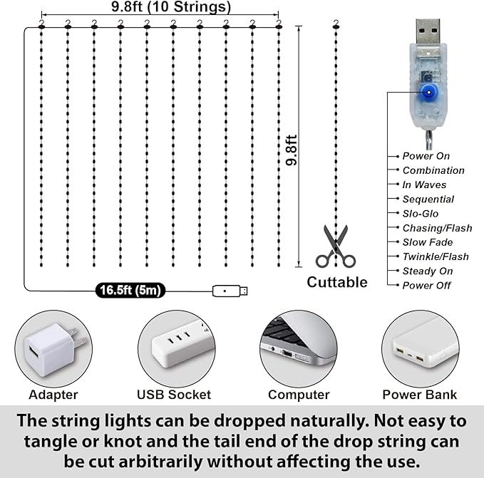 HXWEIYE 300LED Fairy Curtain Lights, 9.8x9.8Ft USB Plug-in 8 Modes Christmas String Hanging Lights with Remote for Bedroom Backdrop Wedding Party Indoor Wall Decor, Warm White, Tangle-Free