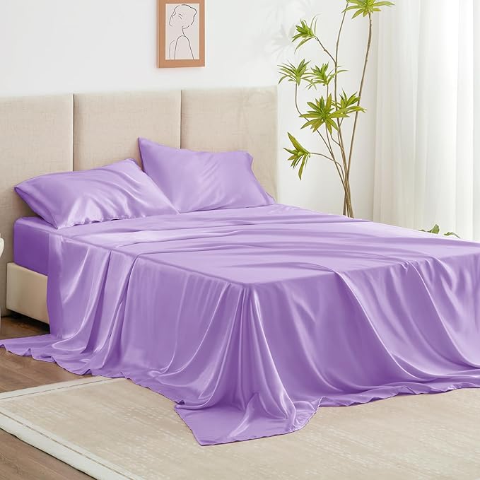 Love's cabin Twin Satin Sheets Sets - 3 Piece Lavender Silky Bed Sheets with Deep Pockets, Luxury Silk Feel Satin Twin Size Sheet Set Bedding Set (1 Flat Sheet,1 Fitted Sheet,1 Pillow case)