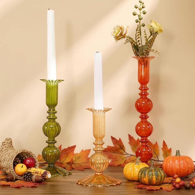 Mumufy 3 Pcs Thanksgiving Glass Candlestick Holders Thanksgiving Ball Shaped Glass Taper Candle Holder Amber Olive Honey Gold Fall Candle Stick Vase Decor for Holiday(5.9, 7.9, 10 inch,Vivid)