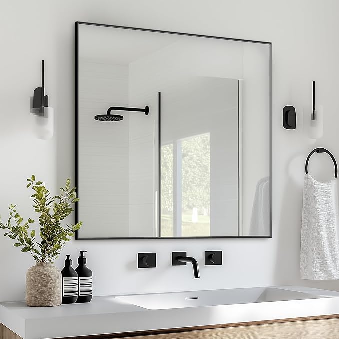 Antok Bathroom Mirror,36"x36" Wall Mirror, Decorative Mirrors Vanity Mirror Aluminum Alloy Frame Contemporary Hanging Mirror for Living Room Bathroom Entryway,Black,Rect Corner