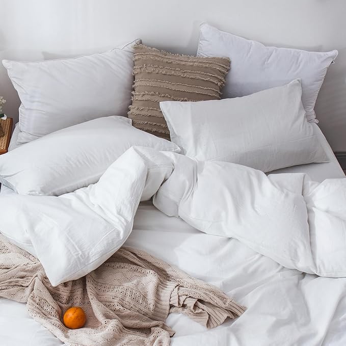 MooMee Bedding Duvet Cover Set 100% Washed Cotton Linen Like Textured Breathable Durable Soft Comfy (Solid Off White, Cal King 104"x98")