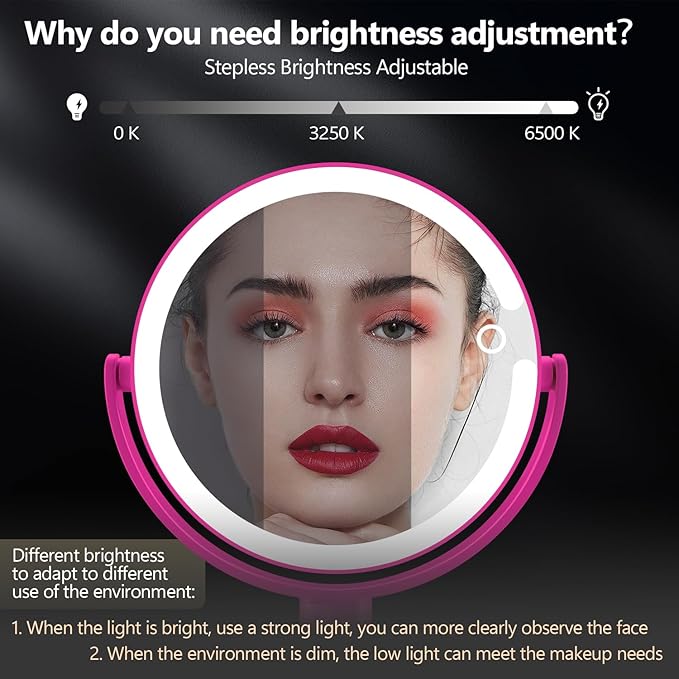 MIYADIVA Makeup Mirror with Lights, 30X Magnifying Mirror with Light and Touch Switch, Vanity Mirror with 3 Color Light and 80 LEDs, Height Adjustable Desk Mirror with Lights, Hot Pink