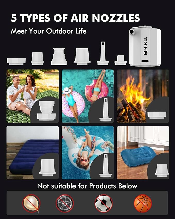 AKSOUL Portable Air Pump for Inflatables: Electric Pumps for Air Mattress Air Bed Pool Floats Raft (Basic & Tiny & Upgraded)