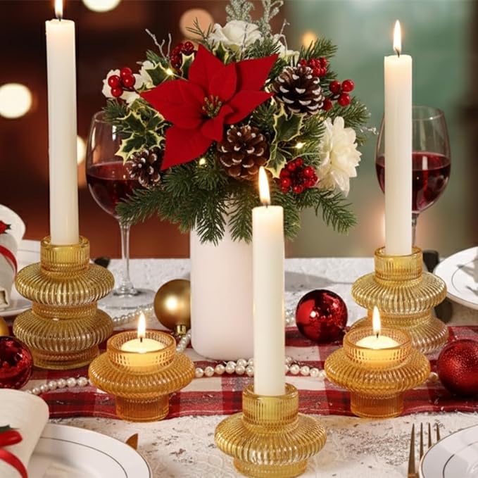 Candlestick Holders Taper Candle Holders, Gold Candle Stick Candle Holder for Wedding, Ribbed Tealight Candle Holders for Bridal Shower Party Table Decor, Modern Home Decor (8 Pcs, Gold)