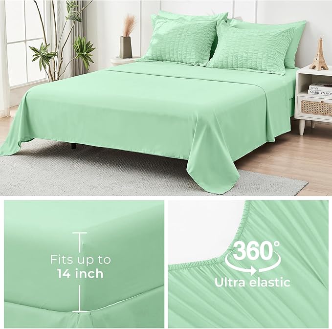 HYMOKEGE Mint Green Twin XL Comforter Set Seersucker 5 Pieces, All Season Luxury Bed in a Bag for Bedroom, Bedding Set with Comforter, Sheets, Pillowcase & Sham