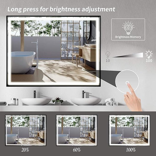 24"x 40" LED Bathroom Mirror with Black Frame, Stepless Dimmable, Anti-Fog, Shatter-Proof, Memory, 3 Colors, LED Vanity Mirror