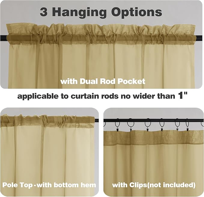 Chyhomenyc Sheer Valances for Windows 2 Pack, Small Window Curtains for Living Room Bathroom, Modern Top Dual Rod Pocket Voile Basement Curtains, 42W x 14L inches, Gold