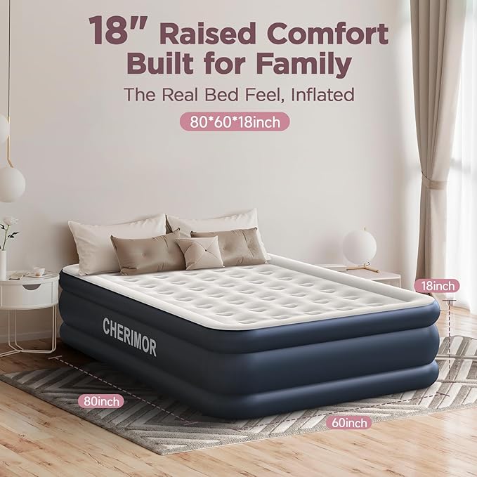 Queen Air Mattress with Built in Pump, 18" Elevated Height, 48Hr Leak-Tested, Honeycomb Coil Support, 800 lbs Capacity, Fast 3-Min Inflation–Blow Up Mattress for Guest Room & Sleepover
