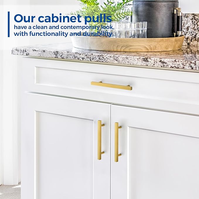 JOY DECOR 10 Pack 5 Inch Brushed Brass Square Cabinet Handles Stainless Steel Cabinet Hardware Pulls for Kitchen and Drawers with 7-3/8 Inch Overall Length