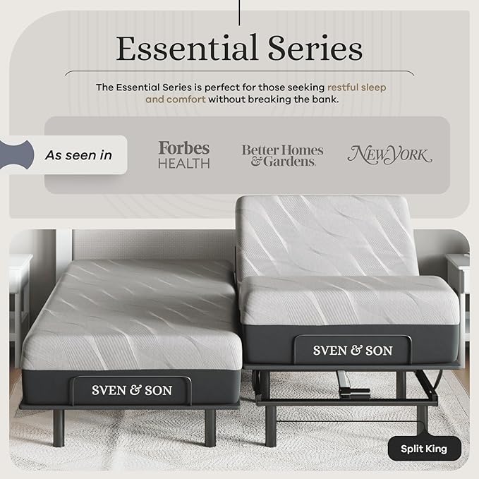 Sven and Son Essential Adjustable Bed Base (Frame) + 12 inch Memory Foam Matt (Medium), Easy Assembly, Head and Foot Lift, Memory Positions, Zero Gravity, Wireless Remote - Split King