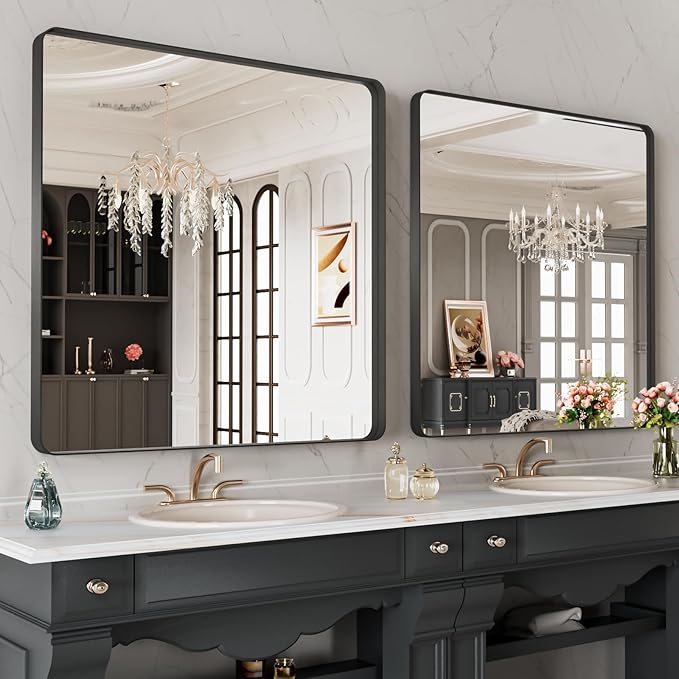 LOAAO 32X32 Inch Black Metal Framed Bathroom Mirror for Wall, Matte Black Bathroom Vanity Mirror Farmhouse, Anti-Rust, Hangs Horizontally or Vertically