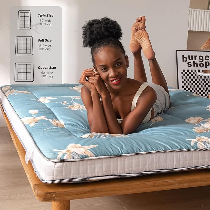 MAXYOYO Floral Printed Futon Mattress, Japanese Floor Mattress Quilted Bed Mattress Topper, Extra Thick Folding Sleeping Pad Breathable Floor Lounger Guest Bed for Camping Couch, Full Size