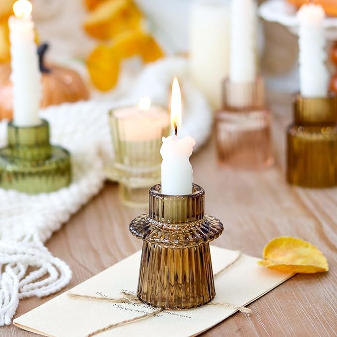 Brown Candlestick Holders 12PCS Ribbed Glass Taper Candle Holders Set for Tealight Candlestick Candles, Table Centerpieces for Thanksgiving Christmas Farmhouse Decor Indoor and Outdoor
