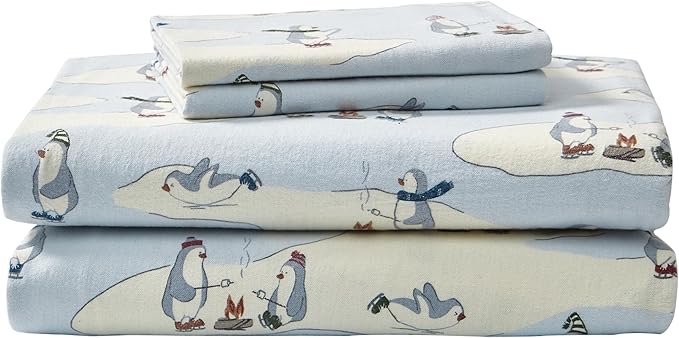 Eddie Bauer - Twin Sheets, Cotton Flannel Bedding Set, Brushed For Extra Softness, Cozy Home Decor (Skating Penguin, Twin)