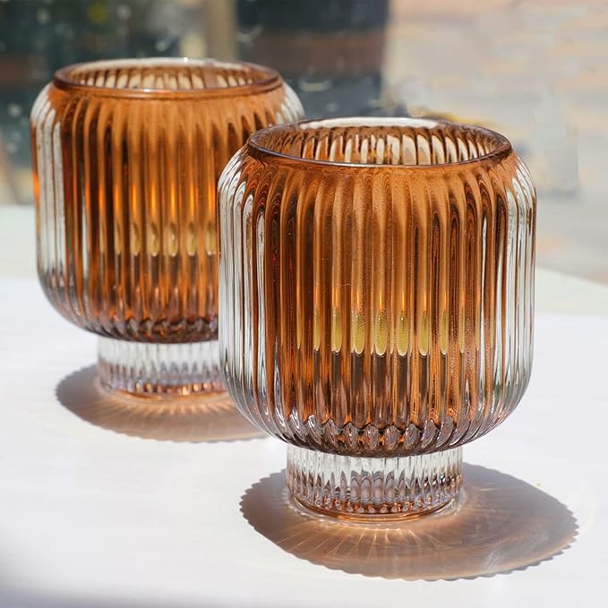 Woho Brown Votive Candle Holders Bulk of 4 for Fall Decor, Tealight Candle Holder for Halloween/Thanksgiving, Vintage Glass Tea Lights Candle Holder for Dining Table(Brown, 3.5'' Tall 3.1'' Diameter)