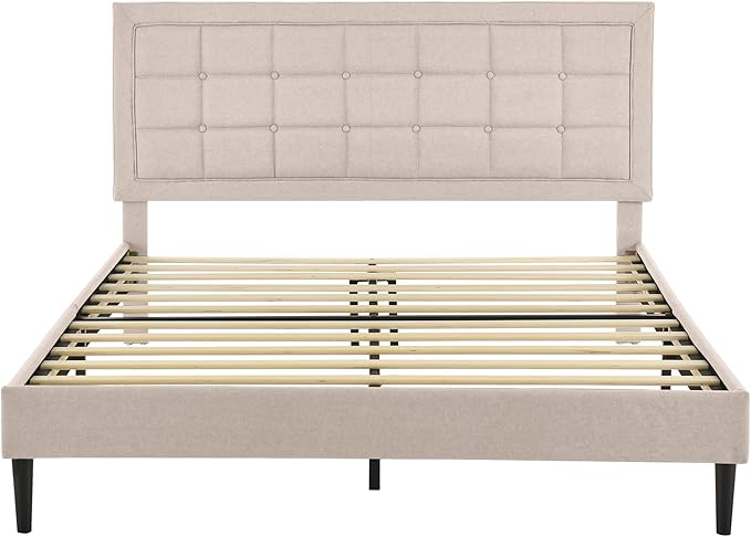 Decoro Mornington Upholstered 2.0 Platform Bed, Button-Tufted Fabric Headboard and Metal Frame with Wood Slat Support, Linen, Queen