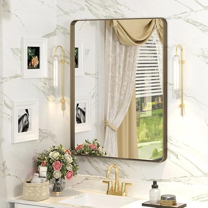 22x30 Bronze Bathroom Wall Mirror, Brushed Metal Framed Vanity Mirror for Wall, Rounded Rectangle Mirror for Modern Farmhouse Wall, Anti-Rust (Horizontal/Vertical)