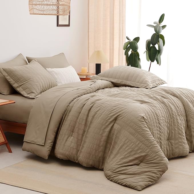 CozyLux Queen Comforter Set Taupe Seersucker 7 Pieces Bed in a Bag Queen Comforter Set with Sheets, Luxury Soft Bedding Set with Down Alternative Comforter, Sheets, Pillowcases & Shams for All Seasons