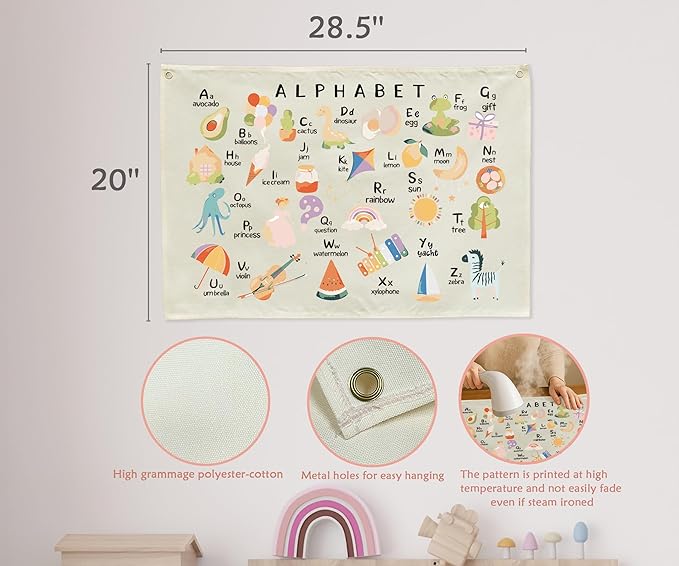 Alphabet ABCD Nursery Rectangular Canvas Banner-Boho Flag Wall Art for Boy Girl Kids,Above Crib Nursery Kindergarten Reading Room Playroom Decor-Baby Growth Stuff-Baby Shower Birthday Christmas Gift