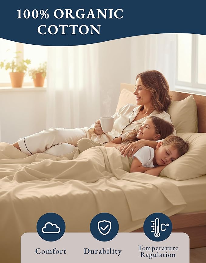 LANE LINEN 100% Organic Cotton Fully Elasticized California King Sheet Set, Low Pilling Fade Resistant Machine Washable Naturally Cooling Cal King Bedding Set, Soft & Comfy Cotton Sheets – Linen