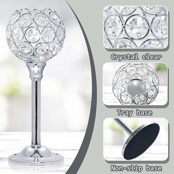 Bulk Crystal Candle Holder Set, 3 Sizes Tealight Candlestick Holders, Elegant Candelabra for Wedding Table Centerpiece, Fireplace, Home & Living Room Decor – Kehail (Set of 12, Silver)