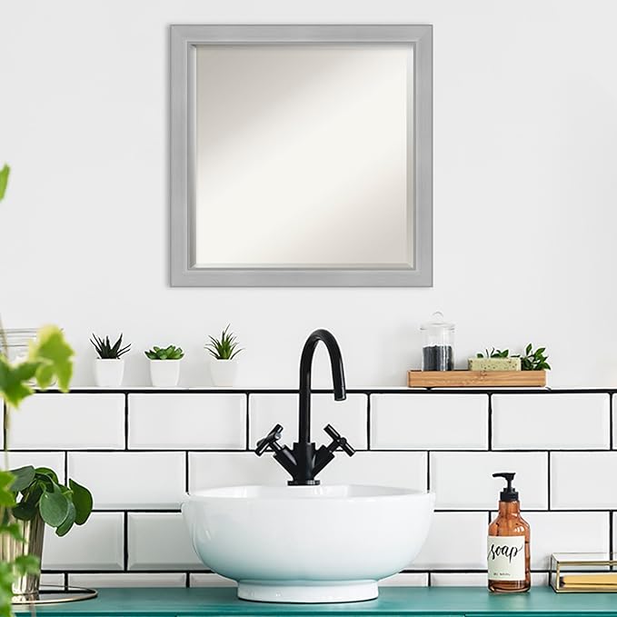 Amanti Art Silver Bathroom Mirror for Over Sink, 23x23 Vista Brushed Nickel Narrow Square Vanity Mirror, Medium Casual Frame, Hangs Horizonally and Vertically, Bathroom Wall Decor, Beveled Edge