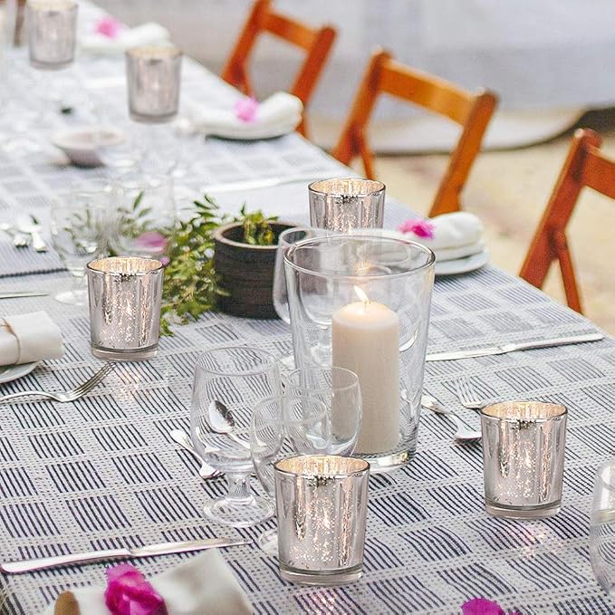 DEVI Silver Mercury Votive Candle Holders 24 Pcs, Tealight Candle Holders for Table Centerpieces, Mercury Glass Candle Holder for Wedding Decorations, Anniversary Birthday Party Table Decorations