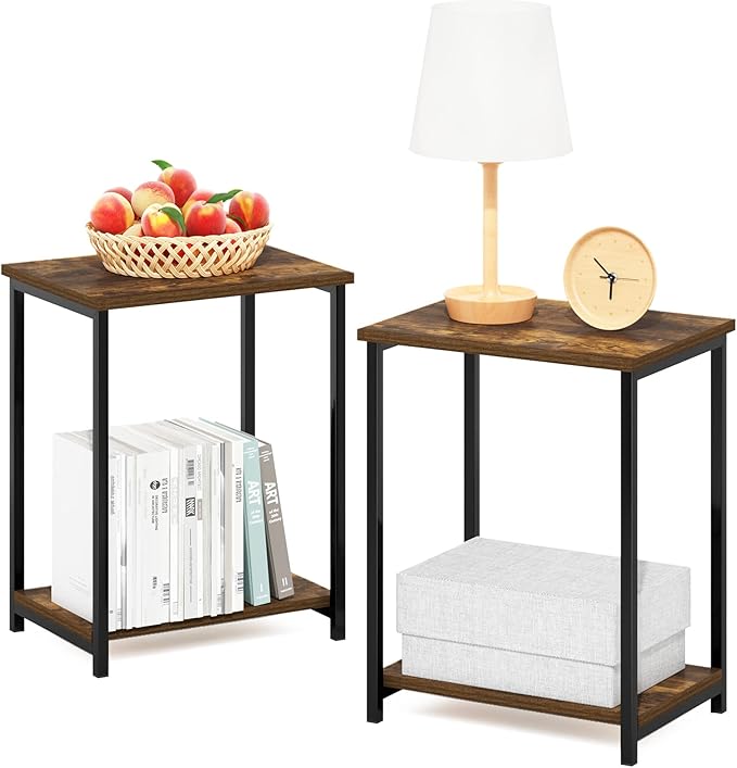 Furinno Simplistic Metal Frame End Table, 2-Pack, Amber Pine