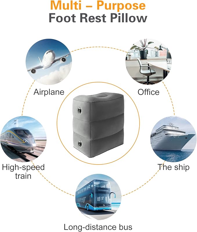 Sunany Inflatable Foot Rest Pillow for Airplane - Kids/Adults - Adjustable Height Cushions, to Sleep While Traveling,Suitable for Office,Home and Any Travel（Dark Grey,2 Pack）
