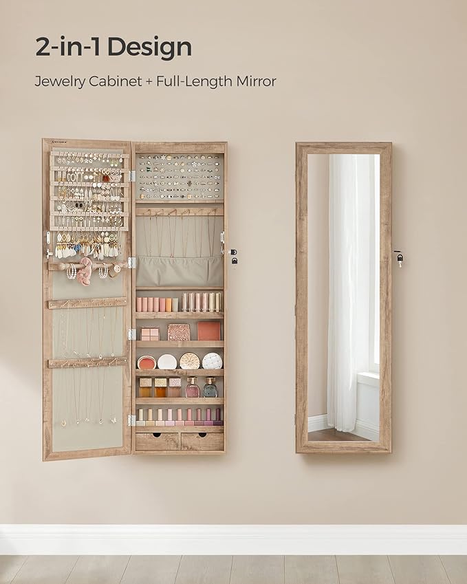 SONGMICS 6 LEDs Mirror Jewelry Cabinet, 47.2-Inch Tall Lockable Wall or Door Mounted Jewelry Armoire Organizer with Mirror, 2 Drawers, Christmas Gift, 3.9 x 14.6 x 47.2 Inches, Toasted Oak Color