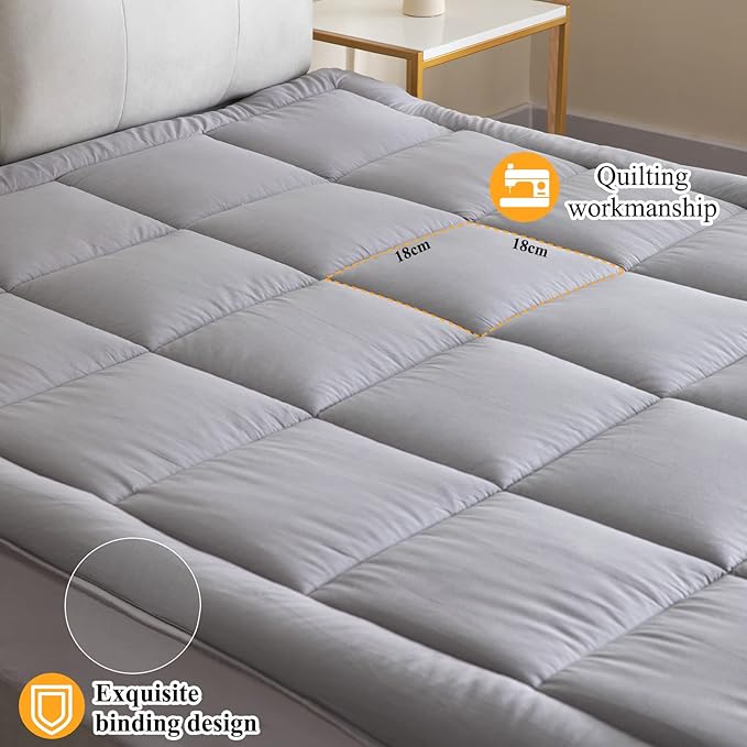 Cooling Mattress Pad Cover, with 100% Cotton Cover and Mesh Shell Underlay, Snow Fiber Filled, Soft, Temperature Regulated, Premium Mattress Protector, Machine Washable (Queen (60x80 inch), Grey)