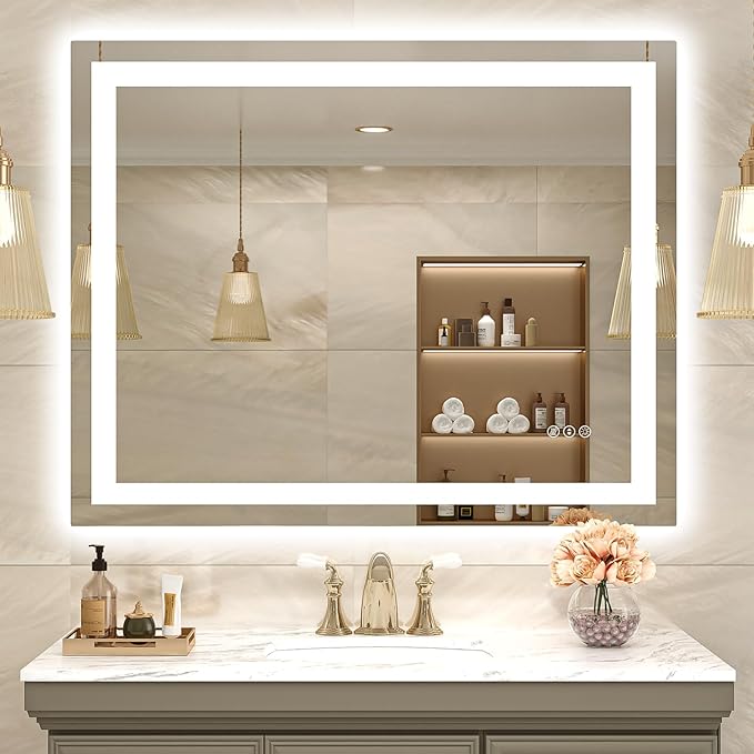 USHOWER LED Bathroom Mirror 40x32 Inch with Lights - Frameless Tempered Glass LED Backlit Lighted Mirror for Bathroom Vanity with Anti-Fog, 3 Colors Dimmable, Memory Function, Wall-Mounted