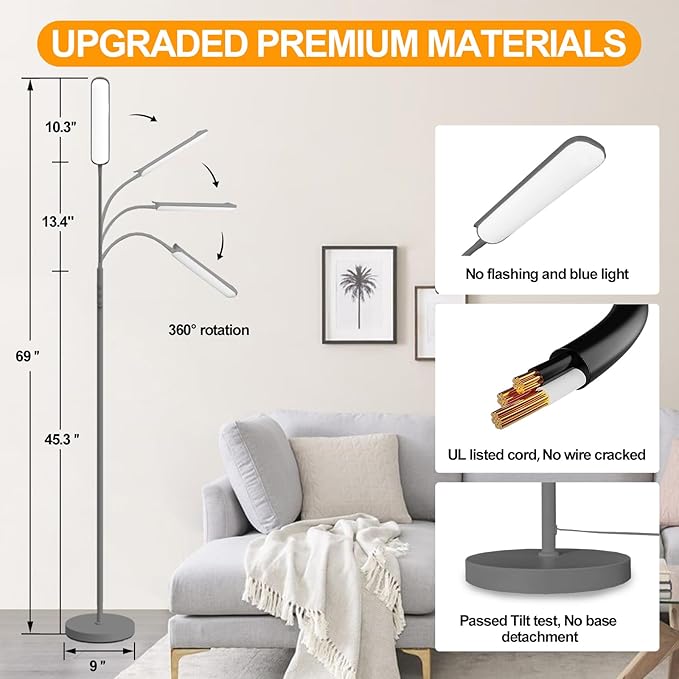 Grey LED Floor Lamp, 18W 1800LM Bright Floor Lamps with Remote & Works with Smart Plug, Dimmable Timing Eye Caring Reading Light Modern Standing Floor Lamp for Living Room Bedroom Office