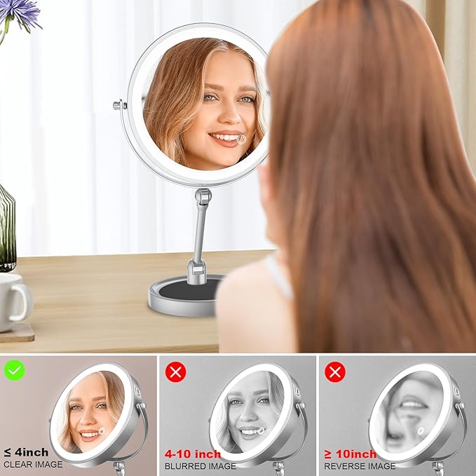 9" Large Height Adjustable Makeup Mirror With Magnification 10X/1X, 4000mAh Rechargeable Led Magnifying Vanity Mirror with Lights, Folding Boom & 360°Swivel 2-Sided Travel Cosmetic Mirror - Chrome