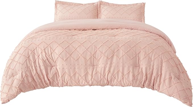Bedsure Queen Comforter Set - Coral Pink Comforter, Boho Tufted Shabby Chic Bedding for Kids, 3 Pieces Vintage Farmhouse Bed Set for All Seasons, Fluffy Soft Bedding with 2 Pillow Shams