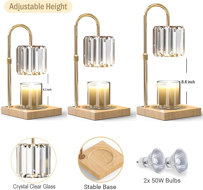 Candle Warmer Lamp with Timer, Dimmable Electric Candle Wamer Adjustable Height, Glass Modern Candles Melter Lamp, Gifts for Women Mom, Clear